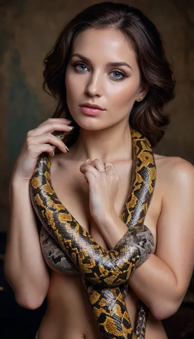 A python wrapped itself around the curves of a woman's body, fingers, hands, face, full-length, <lora:ReticulatedPython_sdxl_v2:.8>