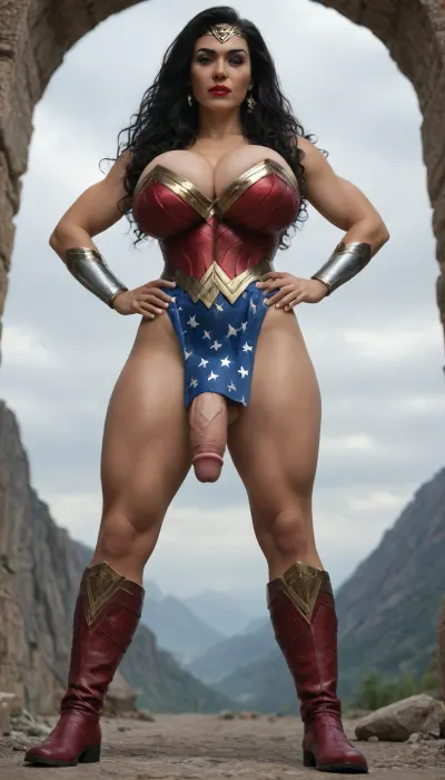 (futanari woman), (wonder woman), (standing strong on the very top of Mount Olympus), (mountain top), (glowing lasso), (very wide stance), (hands clenched), (hands on hips), (huge breasts), (very attractive), (wonder woman boots), (pretty face), (sexy), (muscular legs), (red lipstick), (perfect makeup), (huge round breasts:1.2), (large penis:1.2), (very long straight black hair), (huge cleavage:1.3), (full body), (dynamic pose), (low view:1.4)