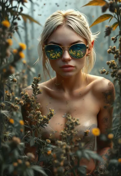 full body view, A double-exposure illustration in which a nude elven gardener is overlaid with cannabis, tattooed, wears silver metal sunglasses with extremely small circular yellow lenses, looking at the viewer, (detailed reflection in the lenses of flowering cannabis plants:1), silent smile, lingerie, view from back, she harvests perfect cannabis buds, (is surrounded by a swarm of 40 perfect and colorful realistic butterflies:1.7), (40 realistic butterflies:1.7), the background is blurred, the entire image is designed using technical parameters to create a warm, romantic atmosphere. Ganja, flowers, cannabis, marijuana, leaves, plants, resin, glands, nugs, edgFae, flower, fairy, style, wearing, sunlight_str1, vibrant, dream, pale, reality, elven, architecture, cloudy, smoke, atmospheric, clouds, fog, intricate detail, highly detailed, breathtaking, panoramic, cinematic, (3D, Framed, Woman), Cat, Skull, Flowers, Bird, Macabre, psychedelicai, <lora:MJ52:1.5>, <lora:style_lora_realis:1.6>, <lora:psychedelicai-SDXL:.8>, <lora:Elven_Style_V1:.4>, TattooVariations, <lora:TattooVariations:.8>