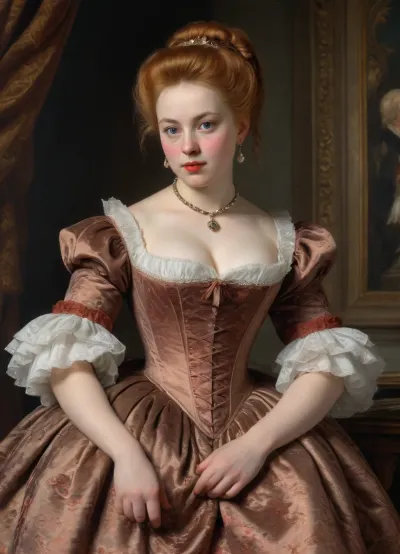 18th century, woman, 40 years old, wearing an elegant velvet dress with rich embroidery and lace, The fabric is light and pastel, and the dress has a narrow waist, a corset, an elongated skirt, a voluminous silhouette, short sleeves with lace frills, delicate lace collar, (Peter, Paul, Rubens, Style:1.5), (John, Constable, Style, page:1.4), <lora:Picture_enhancer:.8>, <lora:Peter Paul Rubens Style:.8>, <lora:John Constable Style:.8>