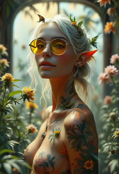 full body view, A double-exposure illustration in which a nude elven gardener is overlaid with cannabis, tattooed, wears silver metal sunglasses with extremely small circular yellow lenses, looking at the viewer, (detailed reflection in the lenses of flowering cannabis plants:1), silent smile, lingerie, view from back, she harvests perfect cannabis buds the background is blurred, the entire image is designed using technical parameters to create a warm, romantic atmosphere. Ganja, flowers, cannabis, marijuana, leaves, plants, resin, glands, nugs, edgFae, flower, fairy, style, wearing, sunlight_str1, vibrant, dream, pale, reality, elven, architecture, cloudy, smoke, atmospheric, clouds, fog, intricate detail, highly detailed, breathtaking, panoramic, cinematic, but, (3D, Framed, Woman), Cat, Skull, Flowers, Bird, Macabre, psychedelicai, <lora:MJ52:1.5>, <lora:BUT_SDXL_SHS:1.5>, <lora:style_lora_realis:1.6>, <lora:psychedelicai-SDXL:.8>, <lora:Elven_Style_V1:.1>