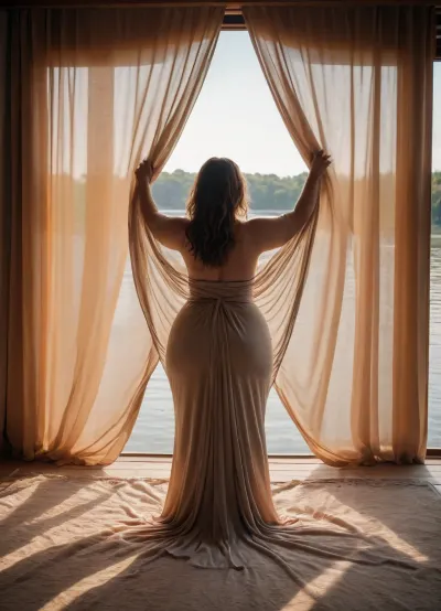A curvy woman stands at a large river, view from behind, body is covered by a curtain