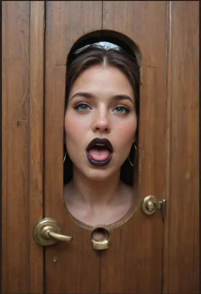 house door, wooden door with, (round hole without border:1.4), at waist height, woman's face fills the hole, (seamlessly), face in hole, womain is 39yo, brunette, blue eyes, (dark lipstick), (big thick brass ring:1.4), hangs down from woman's mouth, brass ring on chin, big penis just before woman's open mouth