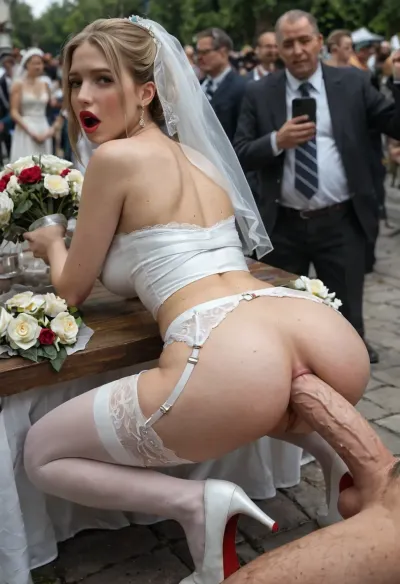 beautiful slim petite slender bride at wedding party, back yard wedding party, full lips, blonde hair, hairbun, conservative white wedding dress, garter belt and sheer white stockings, white high heels, red lipstick, (hands tied with duct tape:1.3), wedding bouquet, surprised, open mouth, (bend over table), (anal fucked by old dirty homeless man), huge cock, (3rd person), anal sex, (doggy style anal sex), rough anal sex, very deep anal penetration, hard fucking, outdoors, wedding guests watching, crowd, late afternoon, detailed face, detailed hair, detailed body, detailed skin, detailed medium breasts, detailed very tight pussy, (amateur iPhone 2 photo), The image quality is grainy, with a slight blur softening the details. The lighting is dim, casting shadows that obscure features. The old iPhone struggles to focus, giving the photo an authentic, unpolished feel, (grainy image quality:1.5)