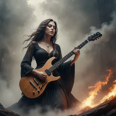 illustration. draw with ink and brush, Melodic death metal, folk, Germanic Mythology, strong female, flying-V guitar, sweeping arrangements, epic and majestic. shrouded in soul fire and decay fog. Three levels. shallow depth of field, parallax. /©KlTTY-ART/