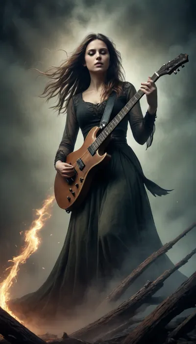 illustration. draw with ink and brush, Melodic death metal, folk, Germanic Mythology, strong female, flying-V guitar, sweeping arrangements, epic and majestic. shrouded in soul fire and decay fog. Three levels. shallow depth of field, night vision, parallax, overexposure. /©KlTTY-ART/