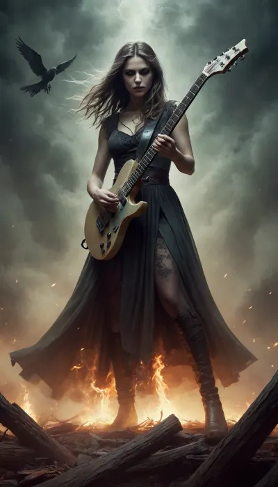 illustration. draw with ink and brush, Melodic death metal, folk, Germanic Mythology, strong female, flying-V guitar, sweeping arrangements, epic and majestic. shrouded in soul fire and decay fog. Three levels. shallow depth of field, night vision, parallax, overexposure. /©KlTTY-ART/
