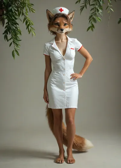 sexy toon female furry fox, fit body with wide lean hips, dressed as a nurse, full-body front view, plain background, Jungle, w4t3rf4ll, <lora:Jungle_w4t3rf4ll:.8>, <lora:early621-000002:.8>