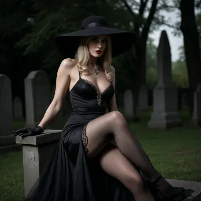 photo from afar, granny, Polish MILF, prostitute at the graveyard, Morticia Addams inspired, skinny, skully face, dark rings under the eyes, realistic, 69yo, full body view, hairy pussy view, sexy elegant noble woman, straight blond straight hair, bob cut, hairstyle, rich lady, classy lady, swinger, cheater, stockings, wrinkled face, Deanna Troy face, high cheekbones, long nose, wide nose, very long nose, steep arched nose, snub nose, big tolemaic nose, thin lips, dark lips, ((very light eyes)), unfastened dress, black croatched necklace with a diamong jem, diamond earrings, waist thin gold chain, sitting naked under a long black wedding dress opened in front, natural hairy pussy, sat on the bonnet of a grave, at night, she has natural hairy pussy, in front of her pussy, spreaded legs, leg on bonnet, asymmetric pose, perfect legs, very high arches, thin calves, outdoors, black hat, wide brim hat, floppy brim hat, long net veil on hat, black wedding dress, black veil, ugly face, wrinkles on neck, wrinkles at mouth side, elbow long black croatched gloves, raise up dress to show hairy pussy and stockings, <lora:dark:.8>