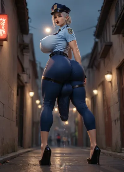 (((HD, 8K, quality, highly detailed, high resolution, score_9, score_8_up, score_7_up, score_6_up, 2D))), mature style, (the illustration is a pencil sketch), messy sketch lines, rosy cheeks, 1futanari, long eyelashes, small slender nose, (standing), slutty look, ('at night, heavily raining), ((very pretty futanari gyaru, (very short silver hair))), viewer POV is laying below her at her feet and close to her feet, ((towering above viewer showing her ass to viewer, bending over, looking at viewer)), whole body covered in cum and sweat, large scars on her body, torn clothes, ((big gigantic huge massive fully erect futanari dick bulge in her pants)), super ultra extra athletic muscular female bodybuilder body, dark skin, slutty, tight waist, round huge massive breasts, ((slutty police officer outfit, sporty shoes with high heels attached)), super extra defined abs, very wet, erect nipples, thigh bands, detached tight sleeves, fingerless gloves, ((wet oily sweaty body, wet hair)), red neon lighting, messy lines, hatching texture, black lipstick, black eyeliner, tattoos, perfecteyes, teeth, bukkake, cum, <lora:PerfectEyesXL:1>, <lora:TeethXL:1.2>, <lora:MS_Real_XL_Bukkake:1.1>