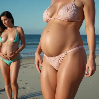 Slutty 35 year old pregnant women wearing thong bikinis at the beach