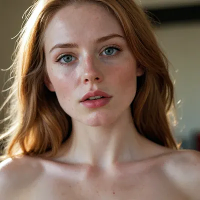 face view, stunning, model, cute face, shiny skin, long lush hair, pale porcelain skin, fresh, kisses a nipple, naked, belt on the neck, freckles on shoulders