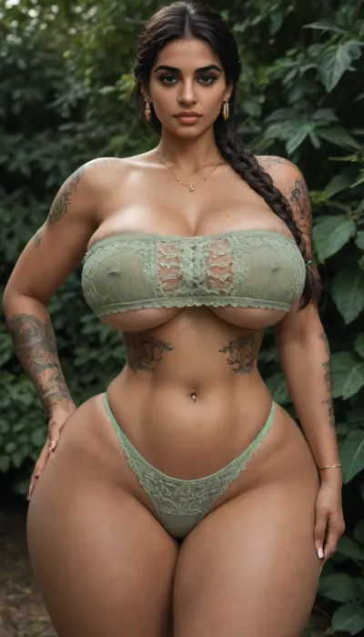 (Indian Brown model in grey tight lace bandeau top:1.5), (voluptuous body:1.3), ((long straight hair braid)), (massive tits:1.3), perky brown nipples, (green sheer lace string thongs, hairy bush thong:1), (((wide hips))), massive thighs, (((thicc tattooed waist:1.3))), kl, jnnr, woman, <lora:add-detail-xl:1.1>, <lora:kl jnnr woman v1a:1.1>