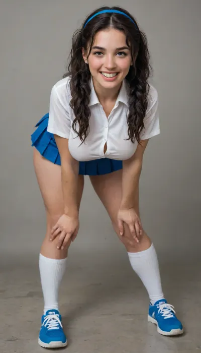 25 years old, pigtails, shy, smiling, curvy, freckles, jaw angles, perfect nose, black eyes, metal braces, bent over, big ass, round ass, bubble butt, blush, black hair, blue hairband, long hair, middle breast, ((wearing knee high white sock, wearing mini pleated mini skirt, wearing white button down shirt, wearing blue sport shoes, seductive, shiny skin, thick thighs))