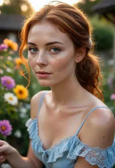 A beautiful English woman, sits gracefully at a wrought iron table in a beautiful cottage garden, dripping with bright flowers, he touched cottage in the background, all bathed in the warm golden hues of a breathtaking sunset, (perfect face:1.5), (perfect nose:1.5), wearing a powder blue sleeveless nightie with spaghetti straps, delicate fabric flowing in the soft evening breeze, gentle sunset light filter through the intricate lace patterns, <lora:Midjourney Image Enhancer XL v1:.8>, short auburn hair blowing in the breeze, visible freckles, sun-kissed skin, 25 years old looking at the camera. Close up view, head and shoulders, this hair pulled back into a short, ponytail, stocked back hair. She looks lovingly at the person behind the camera