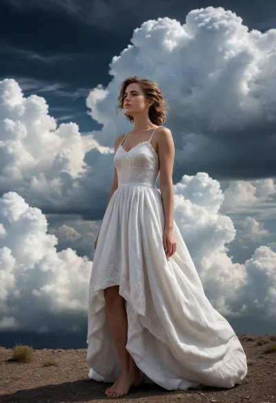 woman, clouds, full, body, white, dress, cloud, long, puffy, stormy, sleep, mcs1, (((<lora:multicolored-colorful-smoke-000008:.8>)))