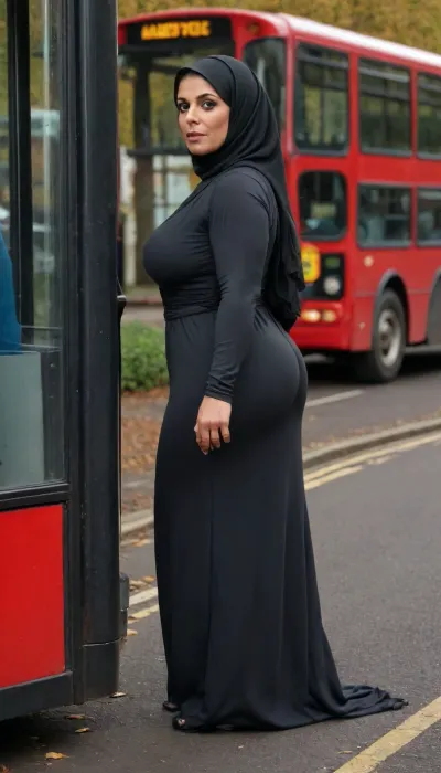 Pakistani, Milf, 45 years old, thick bodybuilder, perfect anatomy, no makeup, huge ass, big ass, abaya, partial head covering, (tits fully exposed:1.1), fuck me heels, full-length view, autumn, standing at a UK bus stop