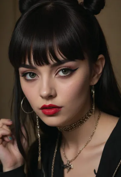The image features a close-up portrait of a 25 years old individual, predominantly obscured by long, black hair that is styled into two high buns on top, ((bangs:1.5)), each secured with what appears to be metal clips or studs. The hair has strands and tassels dangling from it, and there are chains linking the hair buns to what seems like a necklace or chain accessory.

The person's eyes are visible, they have a striking green hue and appear to be looking directly at the viewer. Eyeliner and mascara give definition to the eyelashes, and there's noticeable red eye shadow around the lower lash line, which accentuates their gaze. Dark eye makeup is present, with dark eyeliner accentuating the eyes and light blush on the cheeks adding a touch of color. The person also sports dark-colored eye patches over parts of the eyes.

There's a prominent nose ring, and the lips bear a glossy finish, hinting at red lipstick. Around the neck, there's a tattoo that looks like it could be a dragonfly, with intricate line work and shading adding depth. She seems a little absent minded.

The individual is wearing a black hoodie with a drawstring closure. A small, silver pin or emblem is pinned to the left side of the hood. The background is muted, with white floral patterns outlined in black, evoking an ornate or traditional vibe. These designs resemble stylized flowers, leaves, and possibly butterflies or birds, creating a circular frame for the subject.

The overall aesthetic of the image leans towards gothic or alternative fashion, with a mix of edgy elements such as body motifs. The color palette is quite limited, primarily consisting of black, white, and shades of pink and red from the makeup.