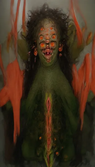 Standing, front view, 3/4 side view, shrek, thick thighs, chubby belly, very short, 4'8" 1girl, ahoge, angry, big hair, body blush, (body freckles:1.2), breasts, brown hair, clenched hands, colored sclera, colored skin, completely nude, earrings, fangs, female goblin, freckles, freckles on ass, goblin, (green skin:1.3), hands up, large areola, long hair, long pointy ears, looking at viewer, messy hair, hairy pussy, nipples, nude, open mouth, orange eyes, pointy ears, (saggy pussy:1.1), cosplay, in a grove, small breasts, solo, teeth, very long hair, yellow sclera, side view, (green skin:1), (green pussy:1), (green areola:1), (buble butt:1.2)