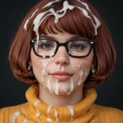 close-up on head and breasts of, ((30yo woman)), (Super sexy dusky Velma dinkley:1.3), ((straight bob haircut)), ((wearing Velma’s Cosplay)), looking at viewer, after having been fucked intensely, (massive breasts:1), head facing viewer, tired happy face, (realistic excessive thick runny cum all over her face and body), cum on hair, cum on forehead, nose full of cum, mouth full of cum, lots of very thick cum, loads of cum, woman, on, face, excessive bukkake, cum, facialized, superfacialized, black room, black background.