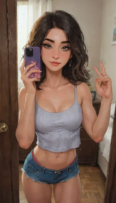 Andava, Andavaverse, TikTok Trend wearing daughters clothes, Transforming My Mom Into Me.

Cinematic scene of a middle-aged woman taking a mirror selfie in a modern, well-lit apartment with wooden floors and a cozy, minimalist interior. with subtle makeup. She is flashing a peace sign with one hand while holding a phone with a patterned case in the other.her expression poised and seductive, Soft, moody lighting with romantic tones, blending rugged masculinity and confident sensuality. Wedding rings visible. Scene evokes deep love, strength, and desire.

DYLAN KARURA ROTH, East-Asian, Korean, Wife, confident and mature petite middle-aged woman, Height 5'7, a stylized character featuring sharp mature facial features Fine lines and wrinkles Especially around the eyes and mouth smile lines and forehead, two-tone black hair with silver highlights sleek bob-cut hairstyle, and expressive bright-grey eyes, framed by thin-rimmed designer female glasses. She's wearing a cropped, ribbed gray tank top with jean shorts, accessorized with gold earrings and a jewelled choker and wedding ring. Her pose is poised and seductive relaxed, knowing smile and half-lidded eyes, blending professionalism with subtle sensuality. The character exudes authority and charm, with a slender yet athletic hourglass figure emphasizing elegance and confidence.Shes hard working mom of two 'Alexis and Pelo'.

perfect anatomy, best quality, 8k, insane details, intricate details, hyperdetailed, hyper quality, ultra detailed, professional, HDR, ray tracing reflection, cinematic lighting, highlydetailedbody, realisticface, highlydetailedhair, perfectfingers, insanelydetailed, 8K.highdetailedskin, highresolution, (j_cartoon:1.5), Drawing, grannie, uberfit, muscular, athletic, <lora:Older_woman-000008:1>, <lora:detailed_notrigger:1>, <lora:samdoesarts1.1-000030:.4>, <lora:J_cartoon:.3>, <lora:Animated_Concept:.4>