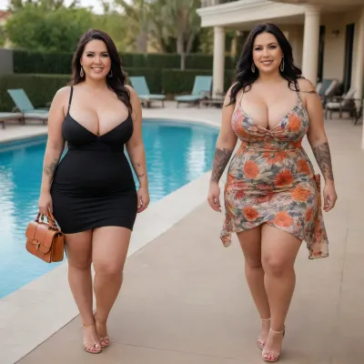 two woman, (two sexy big saggy breasts bbw:1.6), very tall woman, large waist area, (two tall and large thigh curvy woman:1.4), very healthy tits, round buttocks, (smiling:1.3), chubby, (Layers for Straight black Hair:1.4), full lips, full length, (They are wearing sexy summer dresses and under dress very big saggy breasts:1.8), sexy, laugh out loud, (walking poolside:1.5), not nude, not naked, (body tattoo:1.5), high heels shoes, poolside