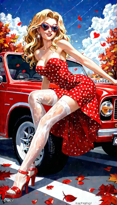 The focus is on a glamorous young woman with long, wavy blonde hair, posed in a seductive manner in front of a classic red pickup truck. She is wearing a short, polka-dot, strapless dress, and red high-heeled sandals with intricate straps. Her left leg is bent at the knee, with her foot resting on the ground, while her right leg is extended, lightly touching the truck's front bumper.big tits, neckline, stockings, Her hands are placed on her hips, and her gaze is confidently directed towards the viewer. A vintage red pickup truck, possibly a 1940s or 1950s Chevrolet, is parked on asphalt that is partially covered with bright red leaves and petals. The truck features chrome-plated details, including the grille, bumper, and headlight trim. A yellow license plate with writing is visible on the front of the truck. The background is a rich, vibrant red color, with trees adorned with bright red foliage, creating an autumnal or decorative theme. Many small red hearts on the ground and in the air enhance the romantic and festive atmosphere. The overall scene is filled with shades of red, creating a festive and passionate mood., circle, dress