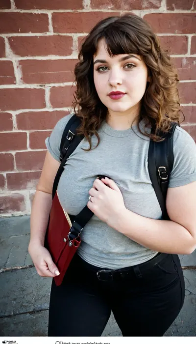 wide candid photo of a 20 year old girl, (small woman:1.3), (chubby woman:1.5), (curvy woman:1.6), (pale white skin:.6), (shoulder-length brown wavy hair with bangs), with a messenger bag wearing a with a gray t-shirt, black leggings, a red vest and sneakers is handing advertising flyers, full outdoor shot, (high contrast:1.2), (black and white:1.2), intense piercing glare, deep shadows, eerie, theatrical, moody, menacing smirk, grainy texture, haunting, unsettling, historic, stark, bold, textured, mysterious, dramatic shadows, chiaroscuro, evocative, dark, vintage film style