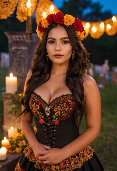 (masterpiece, best quality, highres, photorealistic, ultra detailed, cinematic lighting), 1girl, 25 year old beautiful mexican woman, medium height, curvy figure, long wavy dark brown hair decorated with marigold flowers, warm tan skin, deep brown eyes, full lips painted bright red, traditional Día de los Muertos makeup with elegant sugar skull face paint, wearing elaborate traditional black lace dress with embroidered red and gold floral patterns, corset waist, layered skirt, flower crown of marigolds and roses, holding a candle in one hand and a sugar skull in the other, surrounded by glowing candles, colorful papel picado banners, vibrant ofrenda altar with candles, cempasúchil petals scattered on the ground, incense smoke in the air, background, night cemetery illuminated by candles and lanterns, soft warm orange and purple light, cinematic atmosphere, ultra sharp focus, detailed fabric texture, HDR, shallow depth of field, <lora:add-detail-xl:.75>, <lora:PerfectEyesXL:1>, <lora:cfg_scale_boost:.6>
