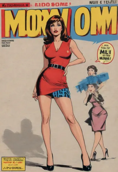 (single drawn female:1.3), (illustration:1.3), (hand drawn:1.3), (comic book cover:1.3), (TITLE text, "Your Mom":1.4), (milf:1.4), girl 25 years old, stiletto high heels, mini dress, <lora:iltromba_artwork_style_smm_SDXL_LORA_v07:.3>, <lora:text:1.2>
