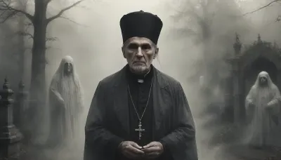 18th century, monochrome, portrait of an Russian priest sitting in a cemetery at the age of 80, very old, wrinkled face, friendly, realistic skin, aged face, detailed old, perfect fingers, perfect hands, (prays:1.5), (perfect version of an Russian Orthodox priest:1.4), typical clothing, hat, (ghostly apparitions in the foggy background:1.4), (ghosts:1.8), Black, and, white, art, black, shading, charcoal, toned, brutal, dark, b/w, color, scheme, cloudy, smoke, atmospheric, clouds, fog, ais-ghostly, <lora:Black and white art.V1:1.6>, <lora:Cloudy_Style:1.2>, <lora:Aether_Ghost_v1.1_LoRA:.7>, <lora:300836_training_data:1.7>, ghost, person, <lora:ghosts person 1a:.8>