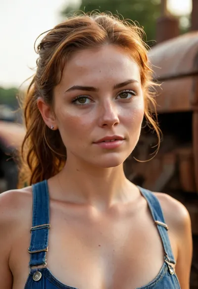 Curvy youthful sloppy woman, thigh gap, freckles, tan lines, high tan mark, sun kissed skin, drunk facial expression, leaning on a rusty old tractor, in a junk yard. Wearing tattered denim dungarees, holes, rips, frayed. all bathed in the warm golden hues of a breathtaking sunset, (perfect face:1.5), (perfect nose:1.5), clothed. Close up view, head and shoulders, upper and lower chest. Auburn hair pulled back into a short, ponytail, slicked back hair. looks lovingly at the person behind the camera. Hair follicles, skin texture visible. hot and sweaty, her skin glistening in the warm light, wet skin, beads of sweat, sun is on her face, hot evening, <lora:Midjourney Image Enhancer XL v1:2>