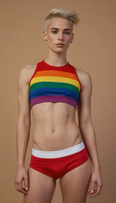 queer non-binary tomboy masculine androgynous human, skinny athletic, very short shaved blonde hair with undercut, piercings, ((full-body view)), high quality details, sexy outfit but fully clothed, veins, masculine jaw, white plain background, small flat boobs, gay pride rainbow colors, cock-shaped bulge in panties