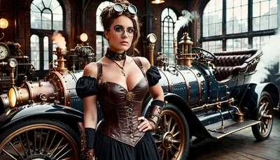 (masterpiece, best quality, ultra highres), (photorealistic:1.2), (steampunk:1.3), full body shot of a beautiful young woman, intricate details, highly detailed, sharp focus, (brown leather corset:1.1), black ruffled skirt, (steampunk goggles on head:1.1), round wire glasses, brown hair up, (choker necklace:1), Victorian era garage, sunlight streaming through large arched windows, (vintage steampunk car:1.2), polished brass, gears, steam, industrial background, gas lamps, glowing elements, dramatic lighting, volumetric lighting, rich colors, depth of field