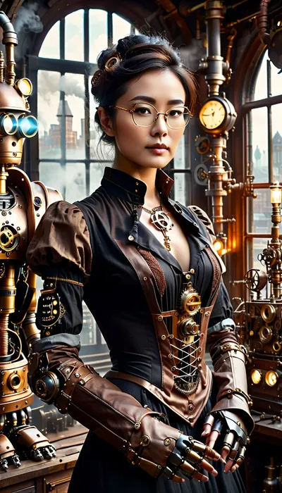 A masterpiece, with an emphasis on high detail and quality, full body view, Asian female engineer in steampunk style, perfect eyes, perfect hands. She stands next to a, (((steam-powered humanoid robot))), in a Victorian workshop, ((the window overlooks a steampunk-style city)), surrounded by gears, pipes, and glowing instruments, wearing, ((steampunk-style glasses and gloves)), ((she is tuning the robot)), brown eyes, <lora:SteamPunkNoireAIp:.8>, <lora:style_lora_realis:.8>, <lora:PerfectEyesXL:.8>