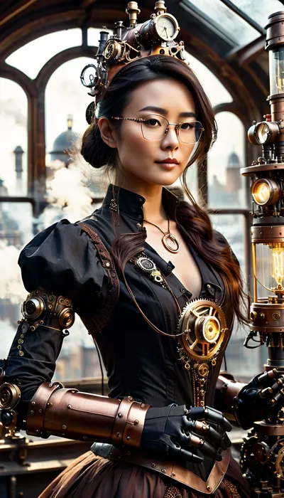 A masterpiece, with an emphasis on high detail and quality, full body view, Asian female engineer in steampunk style, perfect eyes, perfect hands. She stands next to a, (((steam-powered humanoid robot))), in a Victorian workshop, ((the window overlooks a steampunk-style city)), surrounded by gears, pipes, and glowing instruments, wearing, ((steampunk-style glasses and gloves)), ((she is tuning the robot)), brown eyes, <lora:SteamPunkNoireAIp:.8>, <lora:style_lora_realis:.8>, <lora:PerfectEyesXL:.8>