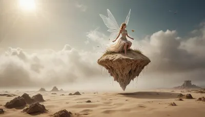 Imagine a photo of a fairy floating in the sky on a flying island. sand, shrouded in soul aura and decay fog. Three levels. shallow depth of field, parallax. /©KlTTY-ART/