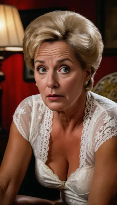 Prim and proper 1970's mature house wife, ((45 years old:1.2)), blond bouffant, lace panties, (looking worried at the viewer:1.5)