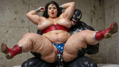 tall, extreme hyper fat, obese, fattened, (cellulite:1.4), ssbbw wonder woman from dc comics, 45 years old, black hair, gorgeus voluptuos, heavy overweight, wobbly, chubby body oiled sweaty, tanned line, stretch marks rounded breast with huge pink erected nipples, rounded big fat ass, shaved cunt, waist, thick thigs, gorgeus fat double chin face with freckles, full lips, expresin, wearing her classic costume, tiara, red opened corset, (show big fat rolls belly), panties with stars-pulling down, red boots, tits and cunt exposed, bite lips, groped by muscular venom monster from marvel comics, (same size like extreme fat ssbbw wonder woman !!), muscular venom monster gropes wonder woman in different position, heart bubbles, pulling head back, arms chained above the head, open wide mouth, she has captured and put on matress, rough sex, wonder woman groped and fingered by venom, monster, creampie, <lora:detailed_notrigger:2>, <lora:add-detail-xl:.8>, <lora:LCMTurboMix_Euler_A_fix:.8>, <lora:677862_training_data:.8>, woman much more fat-ssbbw !!!
close up