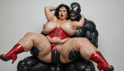 tall, extreme hyper fat, obese, (fat like a hippo), fattened, (cellulite:1.4), ssbbw wonder woman from dc comics, 45 years old, black hair, gorgeus voluptuos, heavy overweight, wobbly, chubby body oiled sweaty, tanned line, stretch marks rounded breast with huge pink erected nipples, rounded big fat ass, shaved cunt, waist, thick thigs, gorgeus fat double chin face with freckles, full lips, expresin, wearing her classic costume, tiara, red opened corset, (show big fat rolls belly), panties with stars-pulling down, red boots, tits and cunt exposed, groped by muscular venom monster from marvel comics, (same size like extreme fat ssbbw wonder woman !!), muscular venom monster gropes wonder woman in different position, heart bubbles, pulling head back, arms chained above the head, open wide mouth, she has captured and put on matress, rough sex, wonder woman groped and fingered by venom, monster, creampie, <lora:detailed_notrigger:2>, <lora:add-detail-xl:.8>, <lora:LCMTurboMix_Euler_A_fix:.8>, <lora:677862_training_data:.8>, woman much more fat-ssbbw !!!
close up
venom grabs and squeezes her fat sagging belly