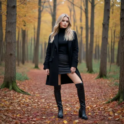 woman in a black winter coat, turtleneck sweater, black boots, in a forest in autumn, colorful leaves on the ground, long blonde hair, small breasts