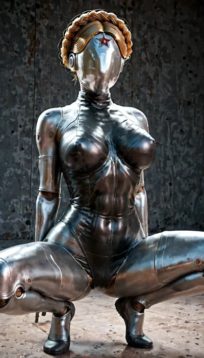 A twin from the game Atomic Heart, posing sexy, caressing her firm silicone breasts, muscular body, long legs, wide hips, athletic build, thin waist, tall, caressing herself, AtomicHeartTwinsCosplay, robot, joints, blond, hair, thighhighs, redstar, on, forehead, bodysuit, thigh, gap, large, breast, reflexion, woman, squat, <lora:AtomicHeartTwinsCosplay_SDXL:2>, <lora:Twins1024:2>, <lora:woman_squat_xl_lora-000031:1.2>