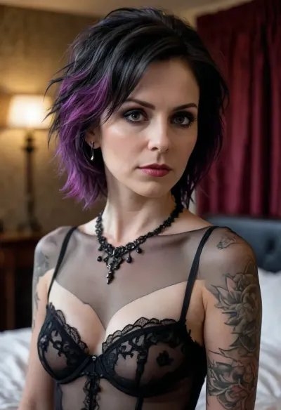 Ultrarealistic Photography, high-resolution, photorealistic image, wallpaper. intricate detail, realistic cum, goth, 45 years old, luxuary room, nice and soft light, a punk mistress dressed in a little black transparent nightie, extreme focus, shoulder view