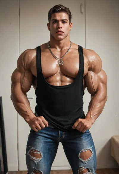 A sexy young man, big beefy 20-years-old young black guy, big lips, (big brown lips:1.3), big mouth, big muscles, (big muscles:1.3), big pecs, shine skin, wearing sexy tight low-waisted tight torn denim, underwear apparent, underwear visible, sagging boy, (sagging:1.4), short tee-shirt, big chains necklace, stands proudly in class room, sexy, hot, solo, only man, no women, front view, super cool pose, angry face, rage face