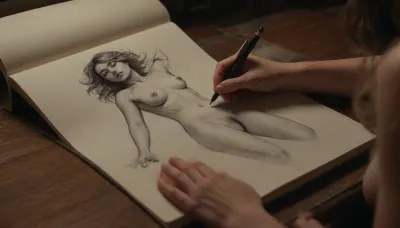 First person artist’s POV composition. The foreground shows an open sketchbook on a table, angled toward the viewer. A male hand holding a pencil is mid-stroke, drawing woman's nude form in a pencil sketch style. The lines are confident but still sketchy and raw, smudges and shading visible as the portrait takes shape. Just beyond the sketchbook she is posing live for the drawing — modeling the exact same pose being captured on the page, standing fully nude confidently with her hands running through her hair. The lighting is soft and natural, giving warmth to the scene, while the contrast between the pencil sketch in progress and the real-life subject in the distance ties the two perspectives together. The vibe, intimate, artistic, and layered, (blurring the line between raw creation and the subject herself)