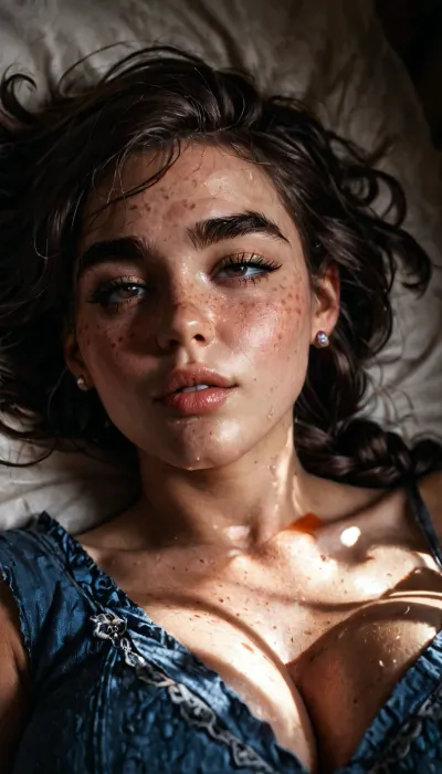 night, Country roadside, Lying, apathetic, Dressed dirty rags, drunk addict girl, homeless girl, Voluptuous body, 20 years girls, no makeup, High quality face, High quality eyes, large tits, milk tits, Sweaty girl, Black hairy, Long braid of hair, (Thick eyebrows:1), Black eyes, Freckles, Moles, Drunk overdose, Lying side of the road, Convulsing, Rolling eyes, freckles, luisap, birth, mark, <lora:dark:2>, <lora:RMSDXL_Enhance:2>, <lora:detailed_notrigger:2>, <lora:milkers_v2:2>, <lora:LPFRECKLES_lora:2>