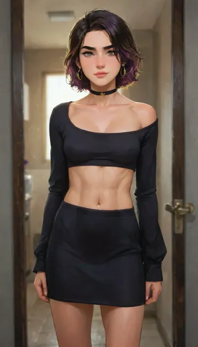 Andava, Andavaverse, ANGELIA PELO ROTH Ready For The Nightclub.

ANGELIA PELO ROTH, Italian-Korean, Height 5'3, A confident young woman with wavy shoulder-length hair black at the roots and dyed in rich two-tone purple with slight magenta highlights, parted slightly to the side, bright-grey eyes, She has a toned body, small breasts, athletic midriff exposed. wearing a skimpy dress, athletic body, flat stomach, toned abs, accessorized with gold earrings and a jewelled choker, She accessorizes with a black choker around her neck, a thick black sweatband on one wrist, Her expression is confident and playful, slightly smug or teasing. The aesthetic is alt-girl, modern streetwear with punk/grunge influence.

perfect anatomy, best quality, 8k, insane details, intricate details, hyperdetailed, hyper quality, ultra detailed, professional, HDR, ray tracing reflection, cinematic lighting, highlydetailedbody, realisticface, highlydetailedhair, perfectfingers, insanelydetailed, 8K.highdetailedskin, highresolution, (j_cartoon:1.5), Drawing, Andi, uberfit, muscular, athletic, <lora:467443_training_data:1>, <lora:detailed_notrigger:1>, <lora:samdoesarts1.1-000030:.4>, <lora:J_cartoon:.3>, <lora:Animated_Concept:.4>