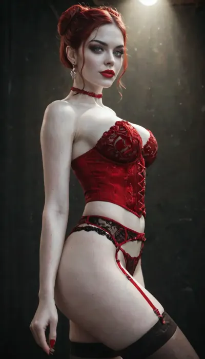 Beautiful slender woman, (Long, deep red hair, elegant bun. Her hair glistens under the soft lighting, accentuating her polished, sensual aura), High cheekbones, full lips, her beauty is refined and theatrical, (red lipstick), (Pale skin:1.6), (bright silver eyes, rimmed with dark eyeliner and smokey eye shadow), (simple silver jewelry), (Wearing detailed black and red lingerie corset, panties, garter belt, stockings and black stiletto heels. Also wearing a thick red choker), flirting body language and expression, (in strip club), detailed face, detailed hair, detailed body, detailed skin, detailed breasts, detailed pussy, random view angle, random pose