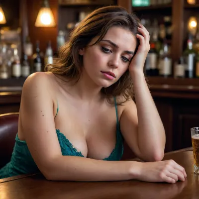 A drunk woman at a table, large breasts, mascara dripping, sleepy, tired, drooping eyes, behind the bar, holding her head with her hand, very sleepy, very drunk, resting her head on her hand, very tired
