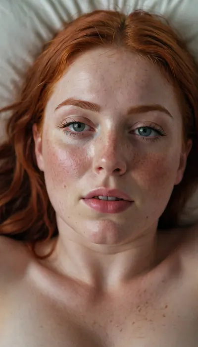 woman with natural freckles and soft glowing skin and Red hair catching sunlight. Curvy woman masturbates in her sleep, view from above, dripping holes.Anal game.Double penetration, sweaty, sweat, drops, gliding, down, her, body, <lora:275493_training_data:1>